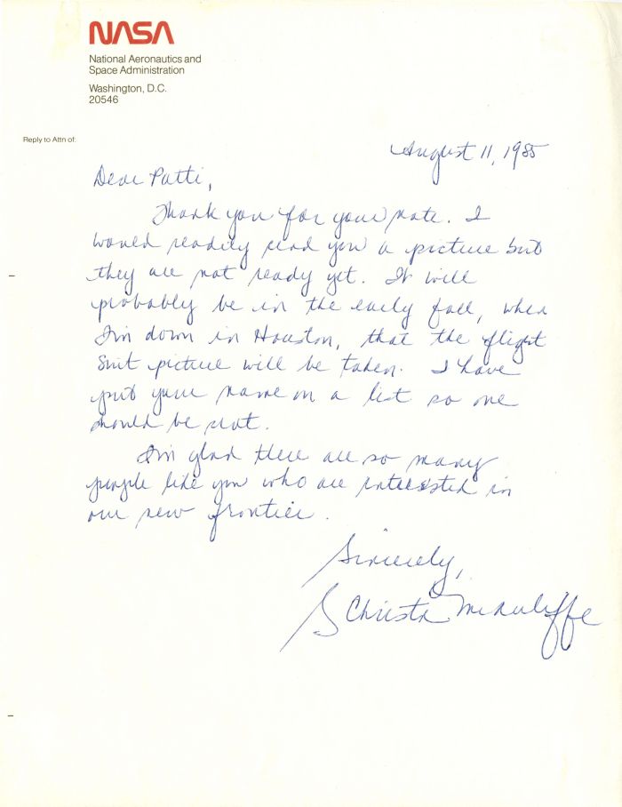 ALS, Autographed letter signed by Christa McAuliffe 